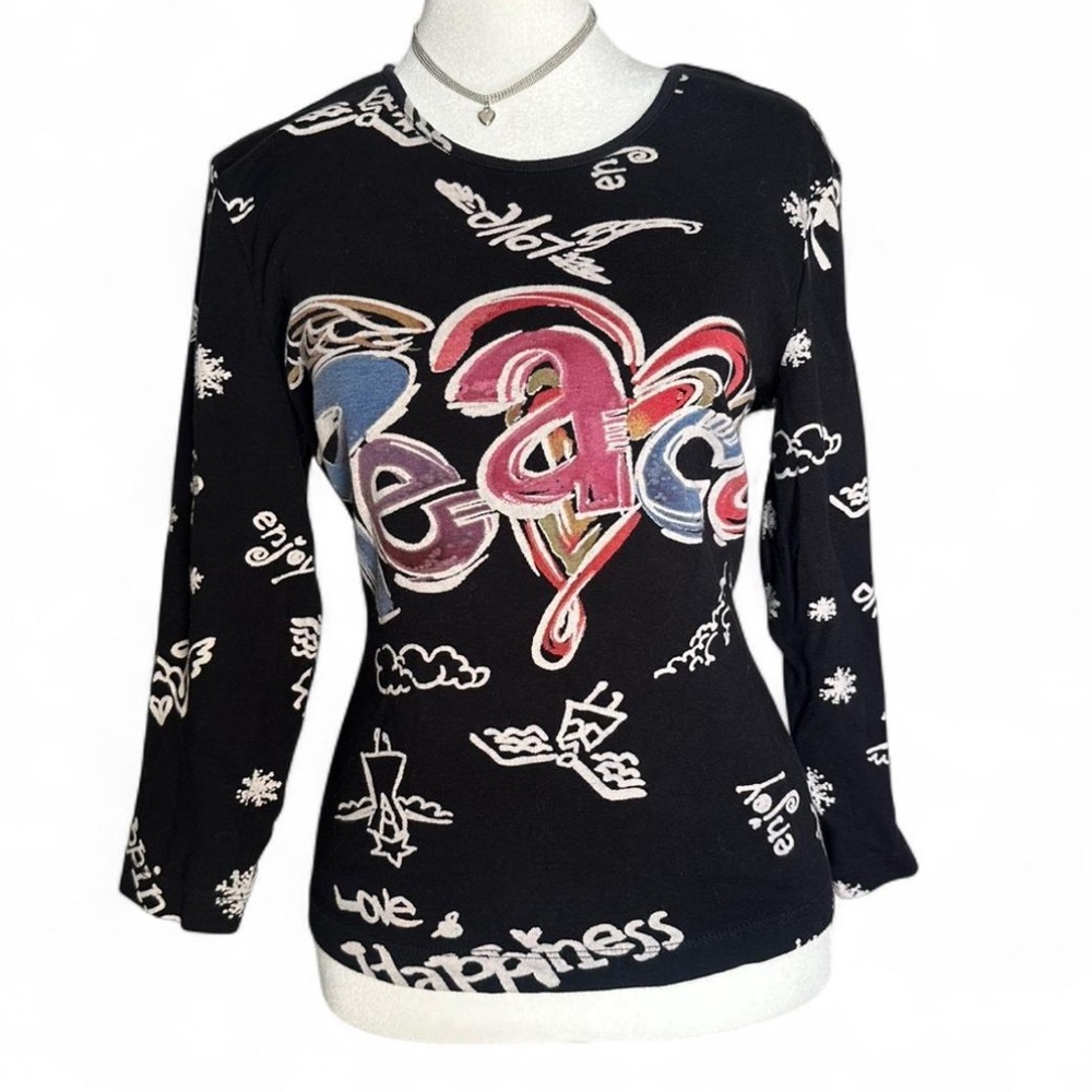 Chico's Black and Multicolor Graphic Long Sleeve Top